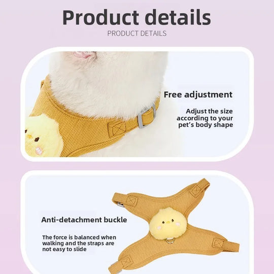 Cartoon Cat Leash Anti-Escape Pet Outdoor Use Chest and Back Harness for Small Dogs, Doll-Style Vest Leash