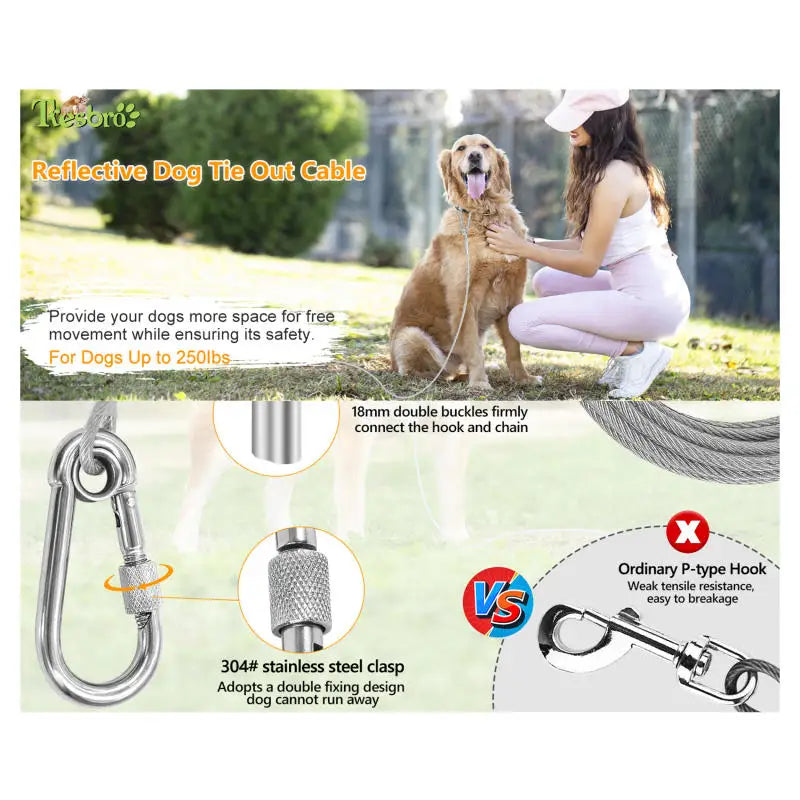 Double-headed Dog Tie Out Cable Leash ,raction rope with metal buckle steel wire