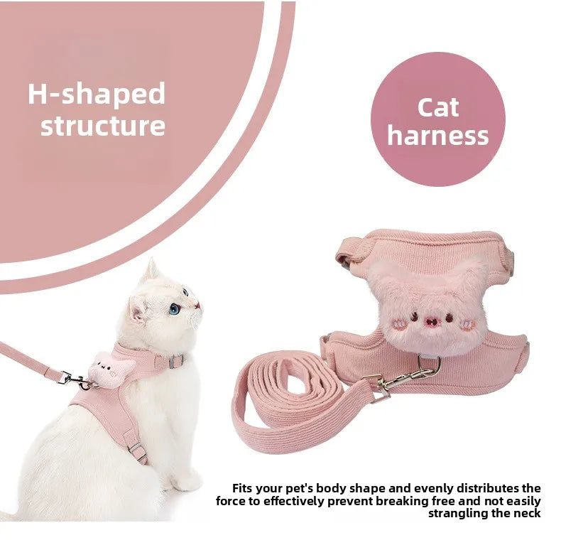 Cartoon Cat Leash Anti-Escape Pet Outdoor Use Chest and Back Harness for Small Dogs, Doll-Style Vest Leash