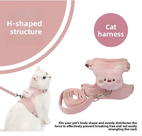Cartoon Cat Leash Anti-Escape Pet Outdoor Use Chest and Back Harness for Small Dogs, Doll-Style Vest Leash
