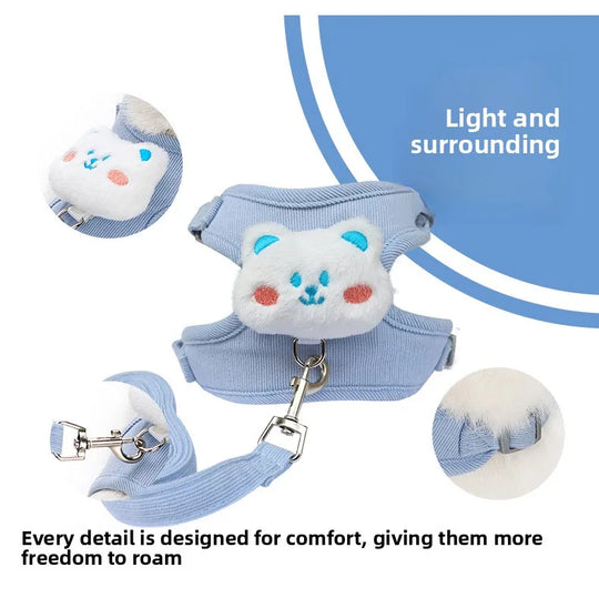 Cartoon Cat Leash Anti-Escape Pet Outdoor Use Chest and Back Harness for Small Dogs, Doll-Style Vest Leash