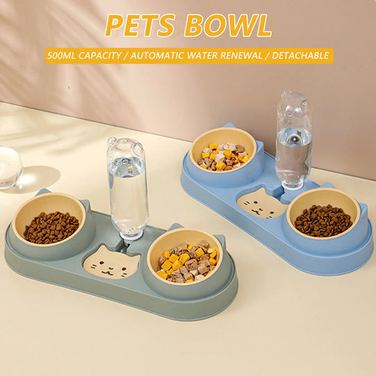 Food Bowl With Water Fountain Double Bowl Drinking Raised Stand Dish Bowls For Pets