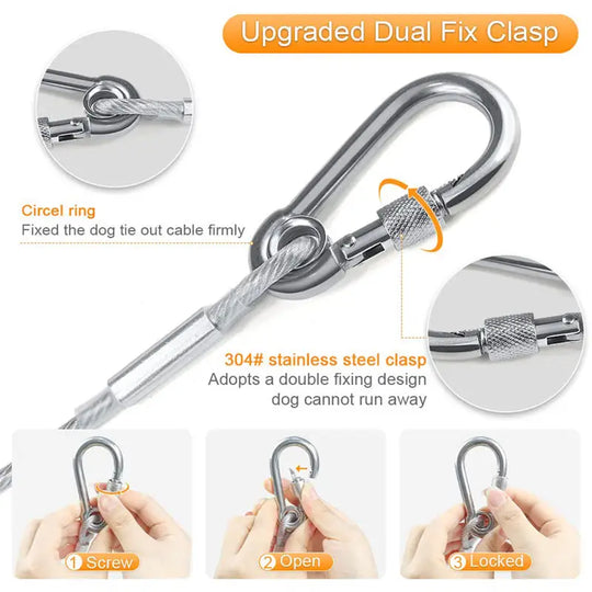 Double-headed Dog Tie Out Cable Leash ,raction rope with metal buckle steel wire